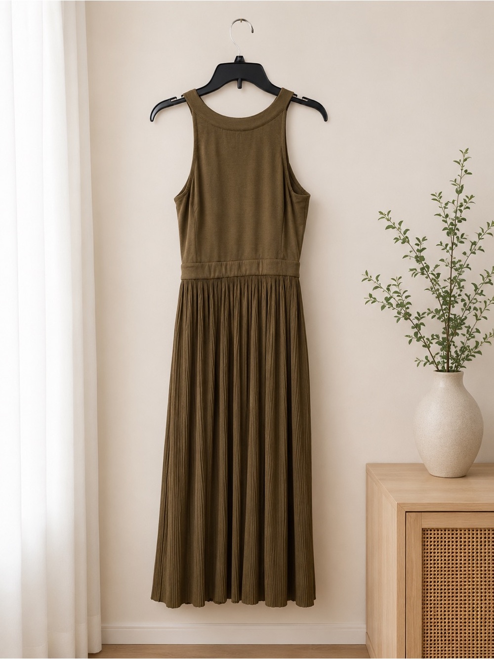 Catherine Malandrino Olive Green Pleated Maxi Dress Size 8 Sleeveless - Picture 3 of 5